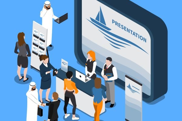 Exhibition stand with presentation on screen, business people, handout, banner isometric composition on blue background vector illustration